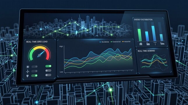 A high-tech dashboard displaying energy consumption metrics over a cityscape, featuring graphs and digital interfaces in vivid colors