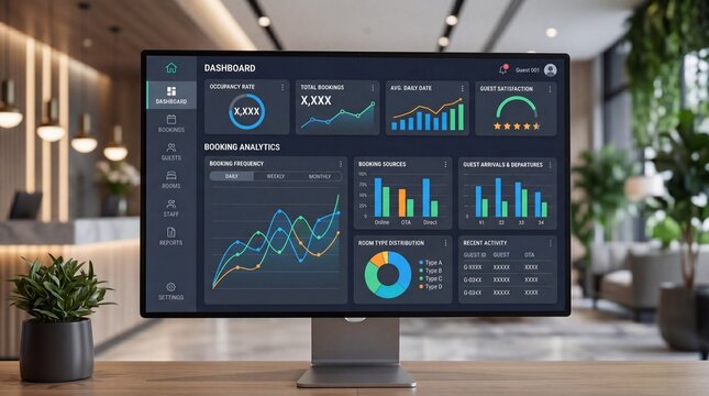 A modern hotel management dashboard displayed on a large monitor, showcasing various analytics and performance metrics with a stylish interior