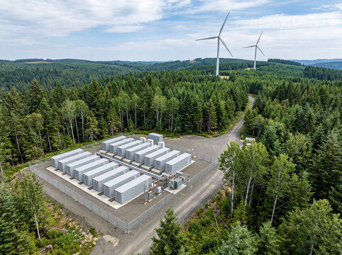 BESS Battery Energy Storage Facility with Wind Turbines near Green Forest