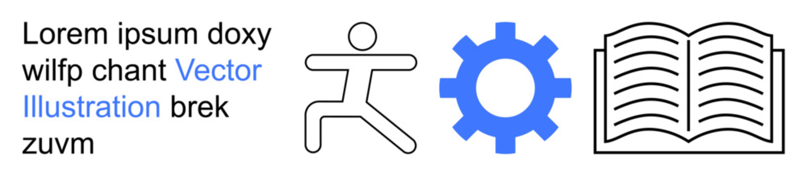 Education, productivity tools, training, technology, knowledge sharing, creativity. Stick figure, blue gear and open book on white background. Education and productivity tools theme