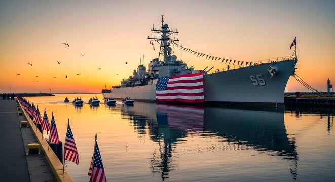Patriotic naval destroyer warship at sunset, military ship with American flag in harbor, majestic navy vessel docked during golden hour