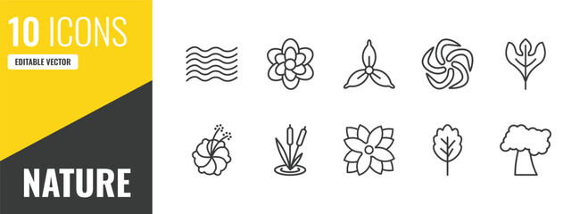 nature outline icon set. 10 linear vector for ui, web and mobile. thin line waves, anemone, iris icons. © Farahim