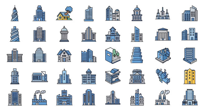 Collection of various city buildings icons.