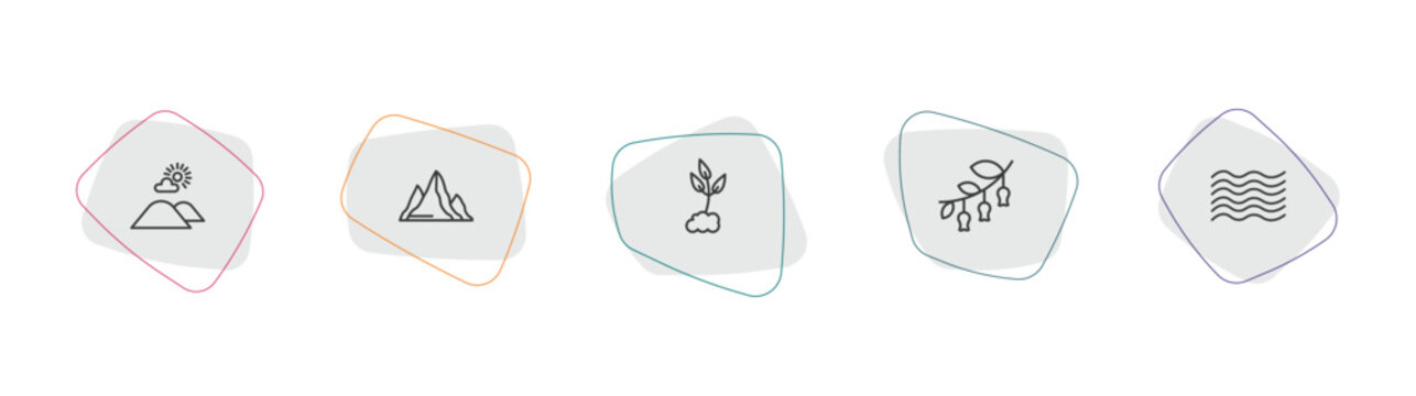 nature outline icon set. linear vector for ui, web and mobile. thin line hills, hill, cultivation icons.