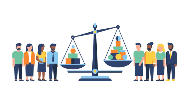 Social and Economic Inequality: Diverse People Standing by Unbalanced Scales Symbolizing Resource Distribution and Opportunity Gaps