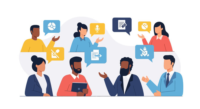 Diverse Team Virtual Meeting, Online Collaboration & Communication. Digital Tools, Data Sharing, Remote Work Icons.