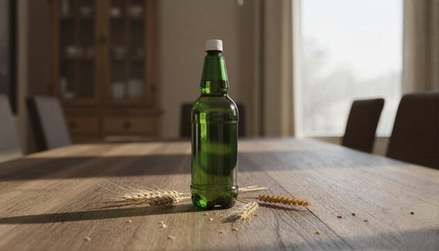 Premium green glass spirit bottle on a rustic oak table with golden barley