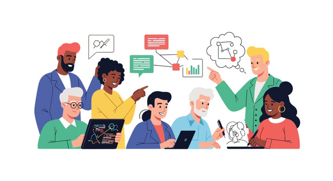 Diverse Team Collaboration: Brainstorming Ideas, Analyzing Data, and Innovating. Modern Business Meeting & Creative Problem-Solving.