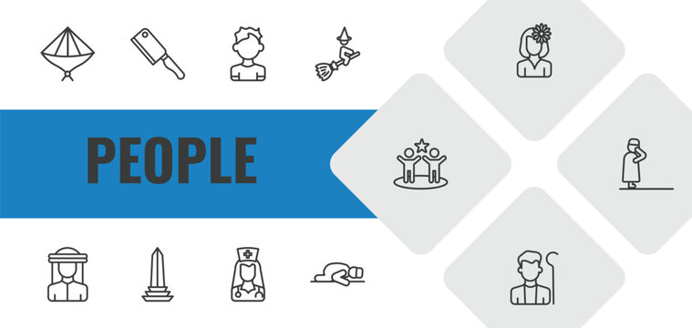 people outline icon set. linear vector for ui, web and mobile. thin line vietnamese, butcher with knife, small boy icons.