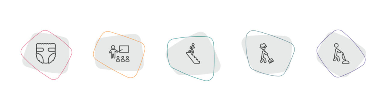 people outline icon set. linear vector for ui, web and mobile. thin line baby diaper, teacher and students, walking downstairs icons.