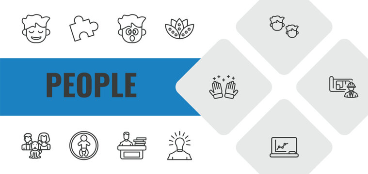 people outline icon set. linear vector for ui, web and mobile. thin line relieved smile, mind game, surprised smile icons.