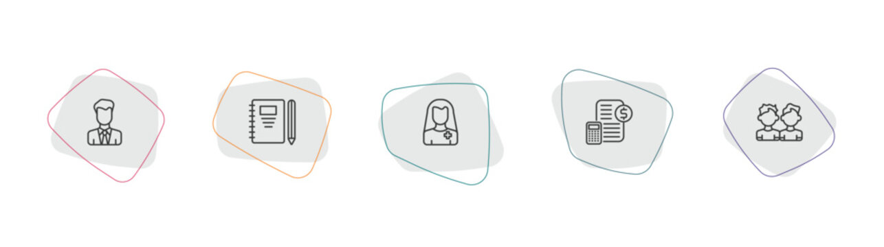 people outline icon set. linear vector for ui, web and mobile. thin line bussiness man, pencil and notebook, pacient icons.