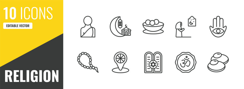 religion outline icon set. 10 linear vector for ui, web and mobile. thin line buddhist monk, islamic ramadan, matzo ball soup icons.
