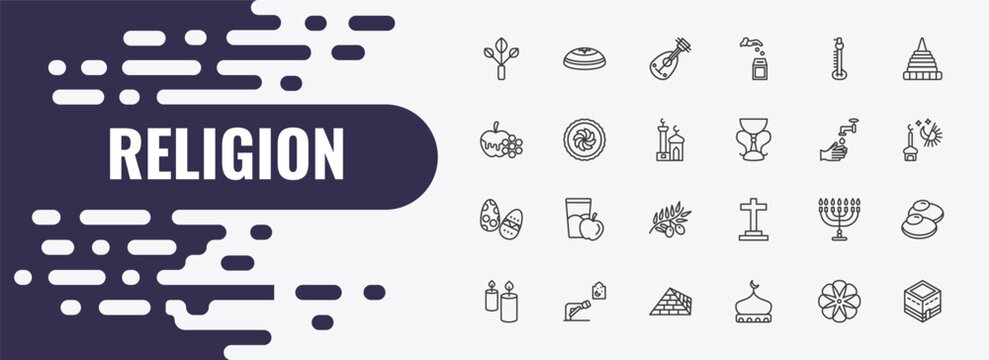 religion outline icon set. linear vector for ui, web and mobile. thin line kippah, oud, sitar icons.