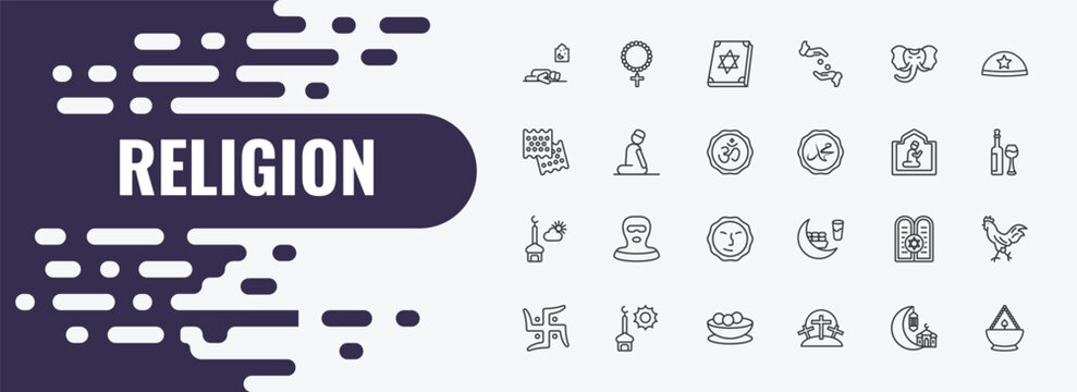 religion outline icon set. linear vector for ui, web and mobile. thin line raya rosary, torah book, holy elephant icons.