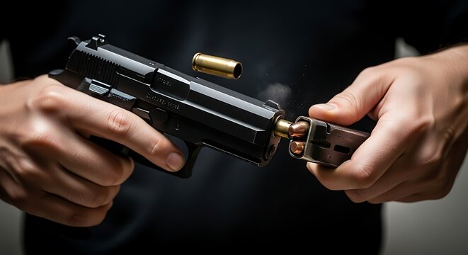 Close-up of hands loading bullets into a pistol, ejected casing flies out