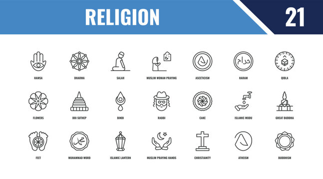 religion outline icon set. linear vector for ui, web and mobile. thin line dharma, qibla, cake icons.