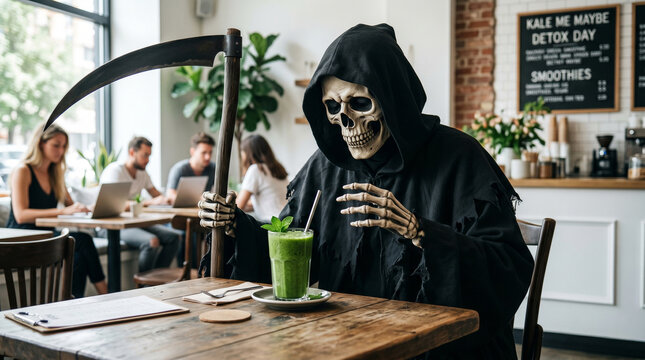 Funny concept of the Grim Reaper drinking a healthy green smoothie in a modern cafe