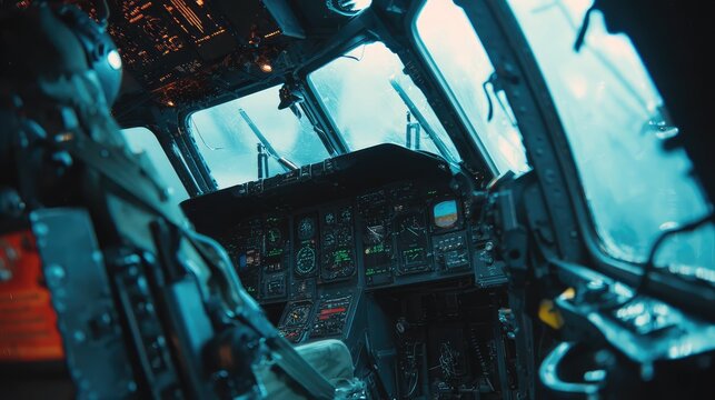Inside helicopter cockpit with pilot navigating during flight