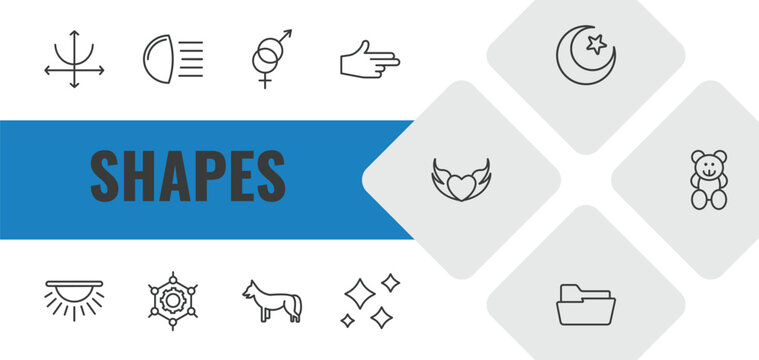 shapes outline icon set. linear vector for ui, web and mobile. thin line parabola, high beam, male and female icons.