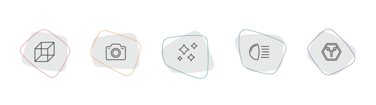 shapes outline icon set. linear vector for ui, web and mobile. thin line geometry cube, foto, morning star icons.
