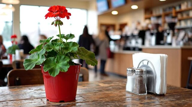 Red geranium in a pot on a rustic wooden table inside a cozy cafe with blurred people in the background