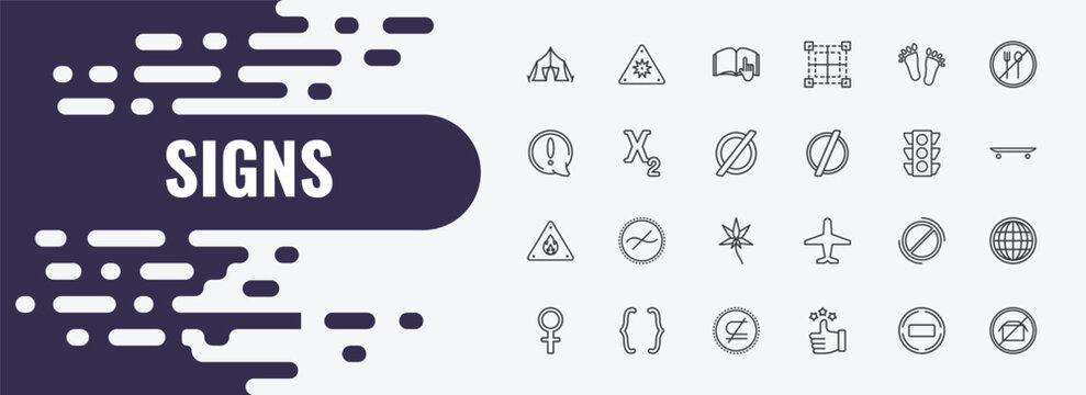signs outline icon set. linear vector for ui, web and mobile. thin line uv ray warning, instruction, barefoot icons.