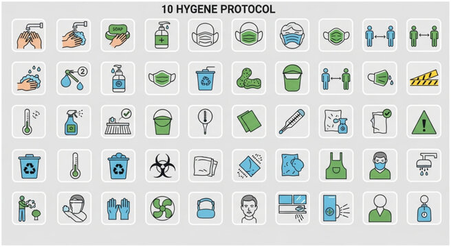 Hygiene protocol icons representing various cleaning and safety measures for health.
