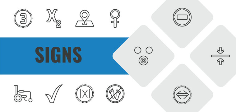 signs outline icon set. linear vector for ui, web and mobile. thin line there exists, subscript, maps and location icons.