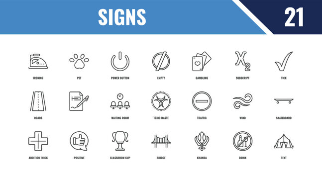 signs outline icon set. linear vector for ui, web and mobile. thin line pet, tick, traffic icons.