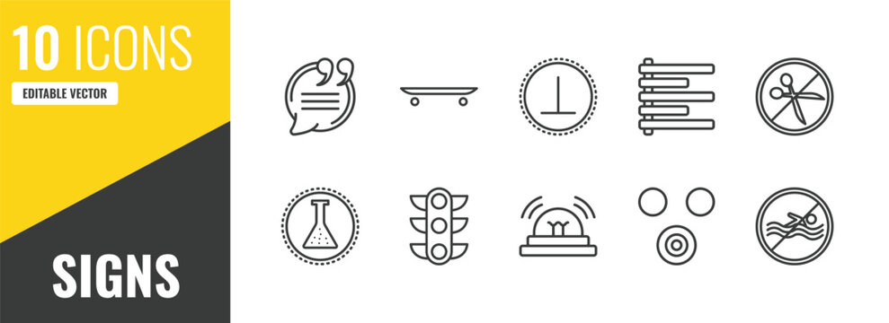 signs outline icon set. 10 linear vector for ui, web and mobile. thin line quotes, skateboard, perpendicular icons.