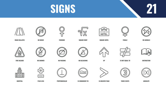 signs outline icon set. linear vector for ui, web and mobile. thin line no music, no animals, up icons.