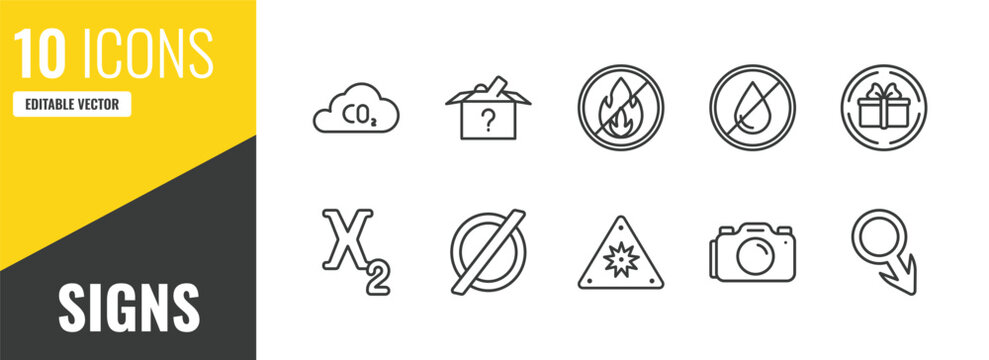 signs outline icon set. 10 linear vector for ui, web and mobile. thin line co2, lost items, no fire icons.