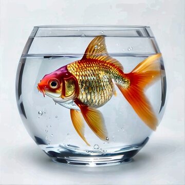 Goldfish swimming in a round glass fishbowl on white background