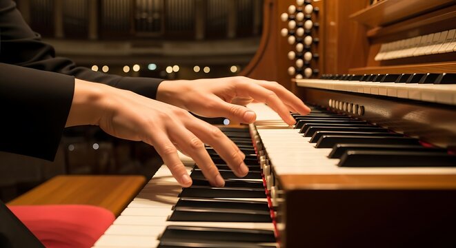 Close-up of musician's hands playing a large pipe organ, elegant suit