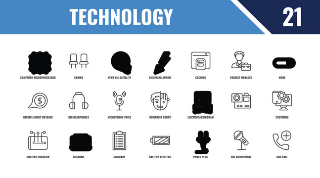 technology outline icon set. linear vector for ui, web and mobile. thin line chairs, mode, electrocardiogram line icons.