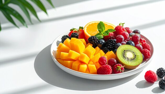 Obstteller mit frischen Fr&uuml;chten &auml;sthetisch und modern angerichtet