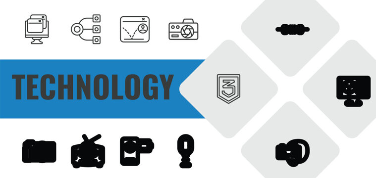 technology outline icon set. linear vector for ui, web and mobile. thin line virtual hine, structural elements, bounce rate icons.