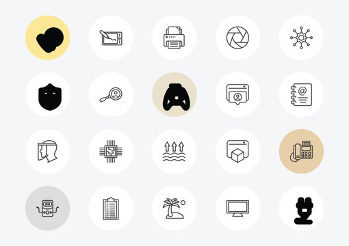 technology outline icon set. linear vector for ui, web and mobile. thin line international call, shields, face shield icons.