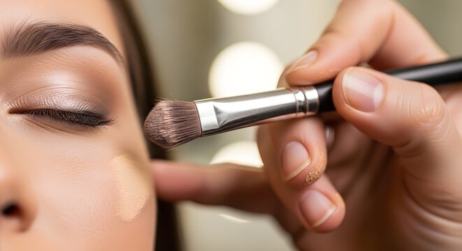 Professional makeup artist carefully applying liquid foundation and eyeshadow to a woman's face for a flawless beauty look