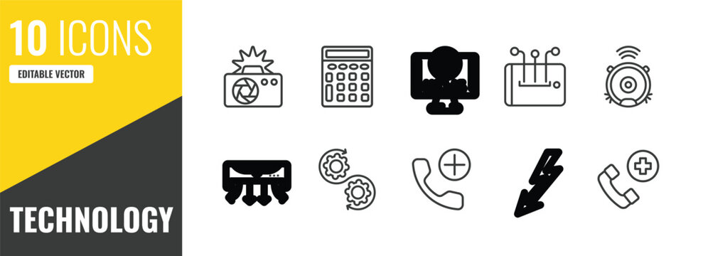 technology outline icon set. 10 linear vector for ui, web and mobile. thin line camera flash, basic calculator, world news icons.