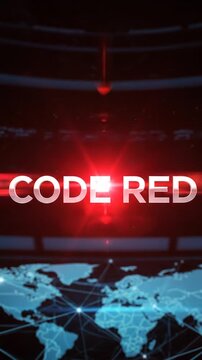 Global Network Connection Alert Code Red Emergency Broadcast System with World Map and Digital Data Overlay