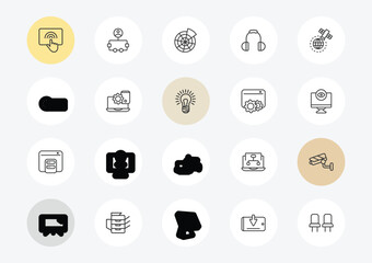 technology outline icon set. linear vector for ui, web and mobile. thin line touchscreen, horizontal film strip, caching icons. © Farahim
