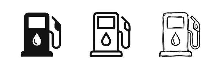 Gas Station and Fuel Pump Icons Set - Solid, Outline, and Hand-Drawn Styles © drawing lines