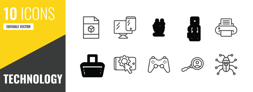technology outline icon set. 10 linear vector for ui, web and mobile. thin line cad, responsive web de, ecologic electricity icons.
