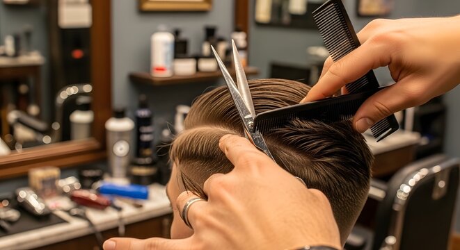 Barber cutting hair with scissors and comb, closeup of haircut in salon