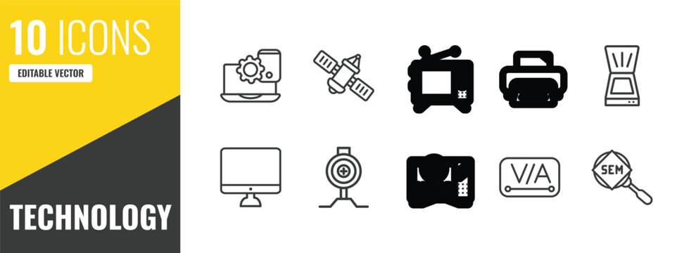 technology outline icon set. 10 linear vector for ui, web and mobile. thin line website optimization, satellite connection, old tv icons.