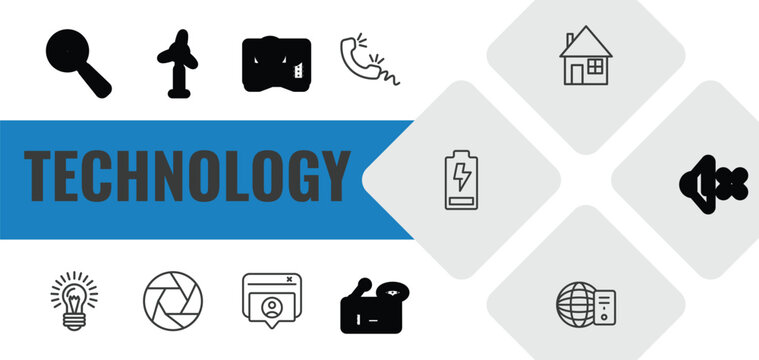 technology outline icon set. linear vector for ui, web and mobile. thin line search bug, eolic, worlwide news icons.