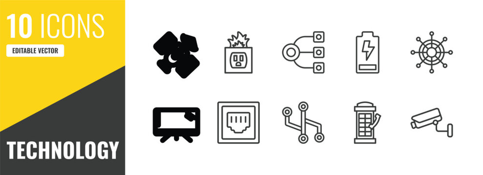 technology outline icon set. 10 linear vector for ui, web and mobile. thin line space satellite, electric socket on fire, structural elements icons.