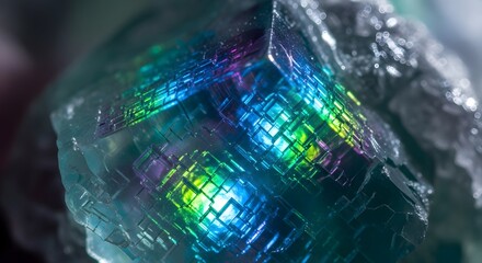Naklejka premium Mesmerizing close-up of a mineral crystal reflecting a spectrum of vibrant iridescent colors